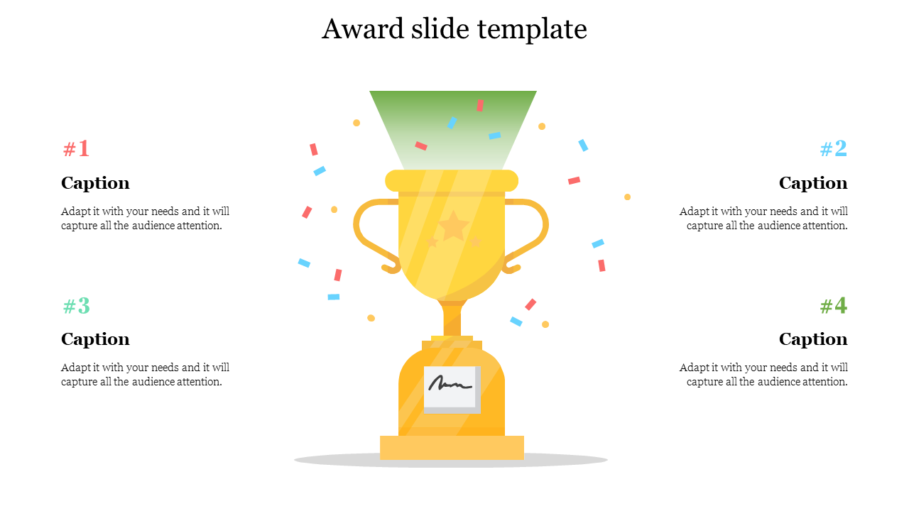 Award slide featuring a gold trophy in the center with numbered captions on either side for adding custom text.