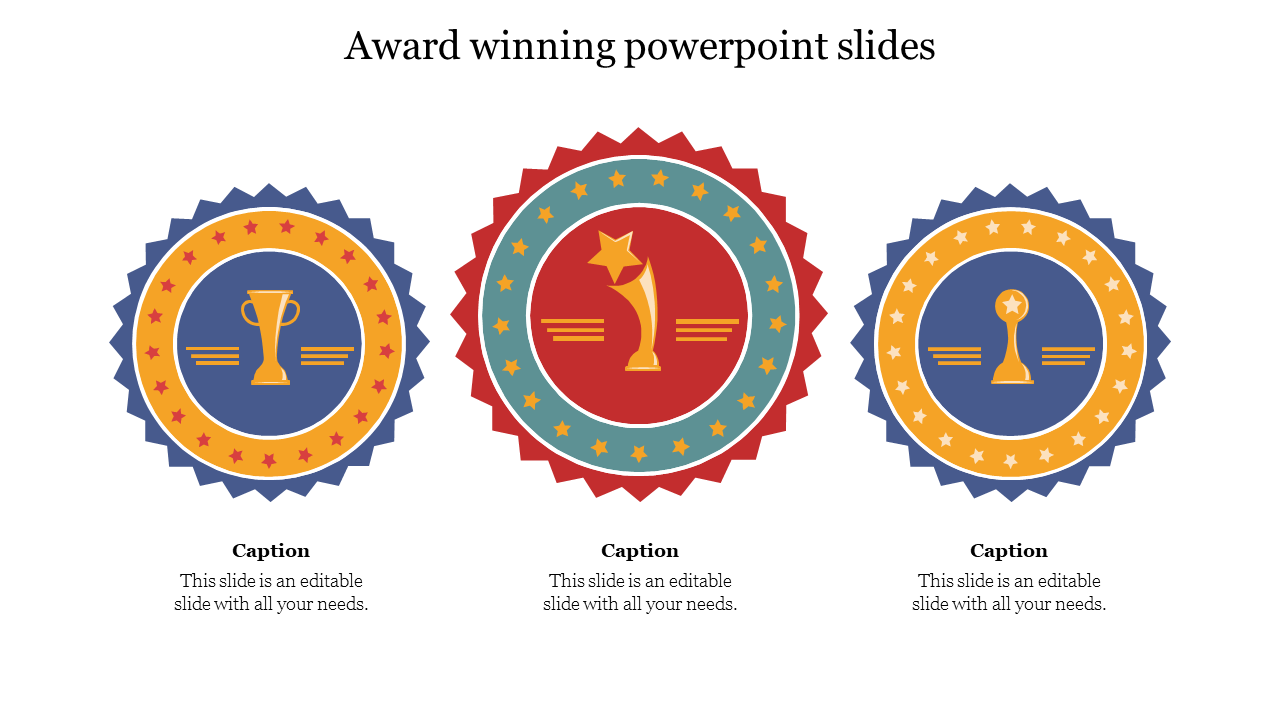 Creative design featuring award badges with illustrations of trophies and stars on a PowerPoint slide.