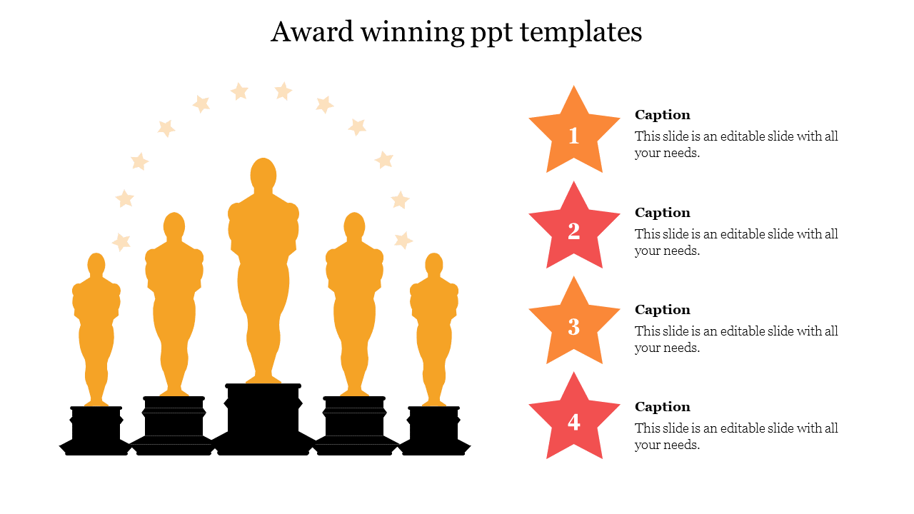 Five gold award statues on black bases with four numbered captions in star icons on the right.