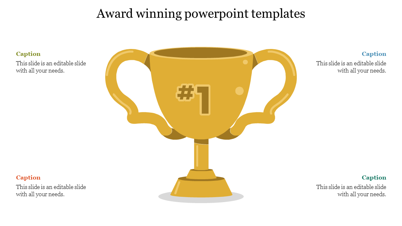 A vibrant illustration of a gold trophy with the number one, symbolizing award winning slide.