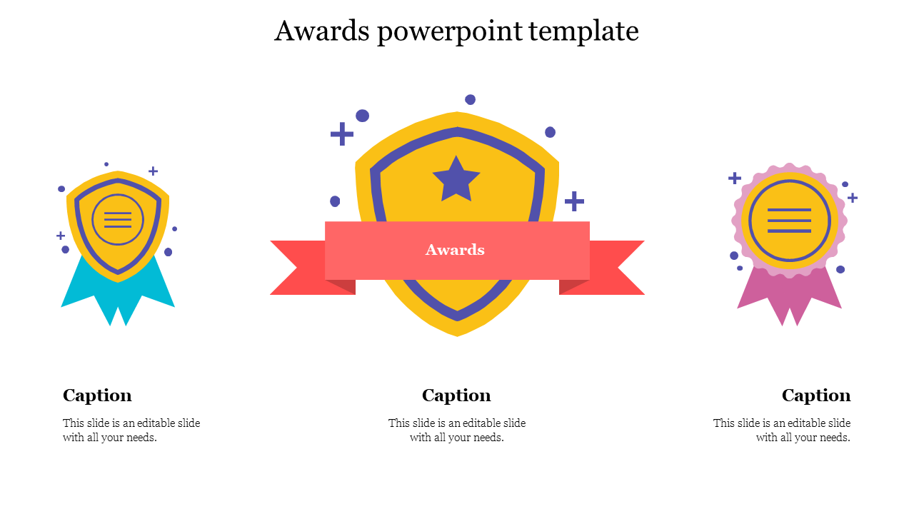 Awards slide with vibrant badges and a decorative ribbon, emphasizing recognition and achievement with caption.