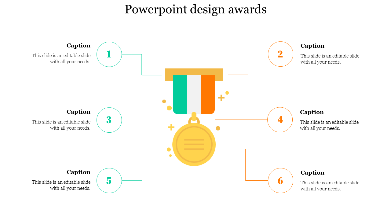 PowerPoint slide showcasing design awards with a gold medal and colorful ribbon, accompanied by caption placeholders.