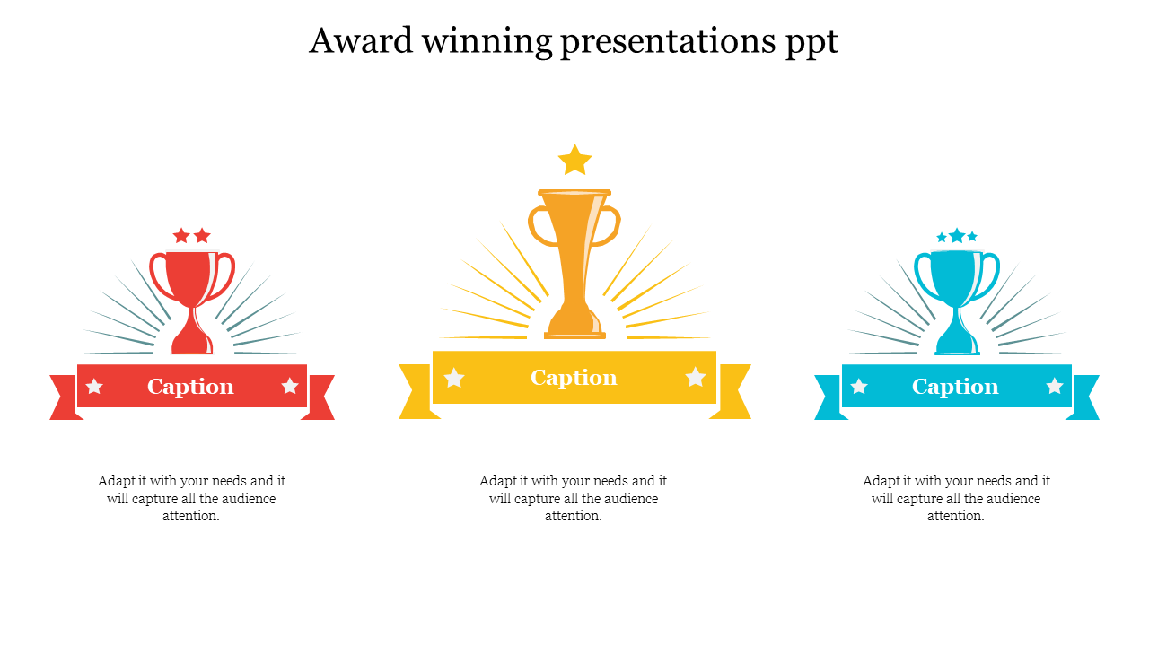 Award winning slide with three trophy icons in red, yellow, and blue each with a caption below.