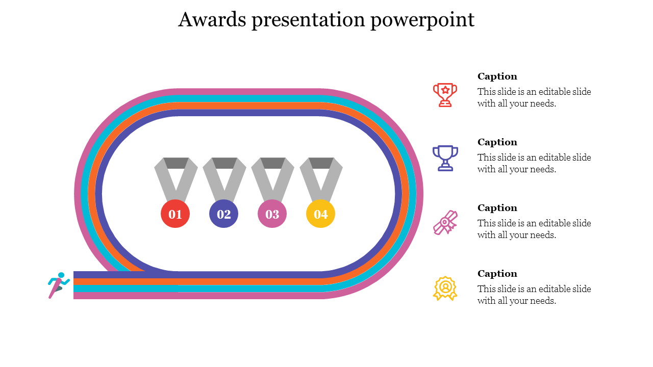 Colorful track loop with four numbered medals in red, blue, pink, and yellow, and captions with trophy icons on the right.