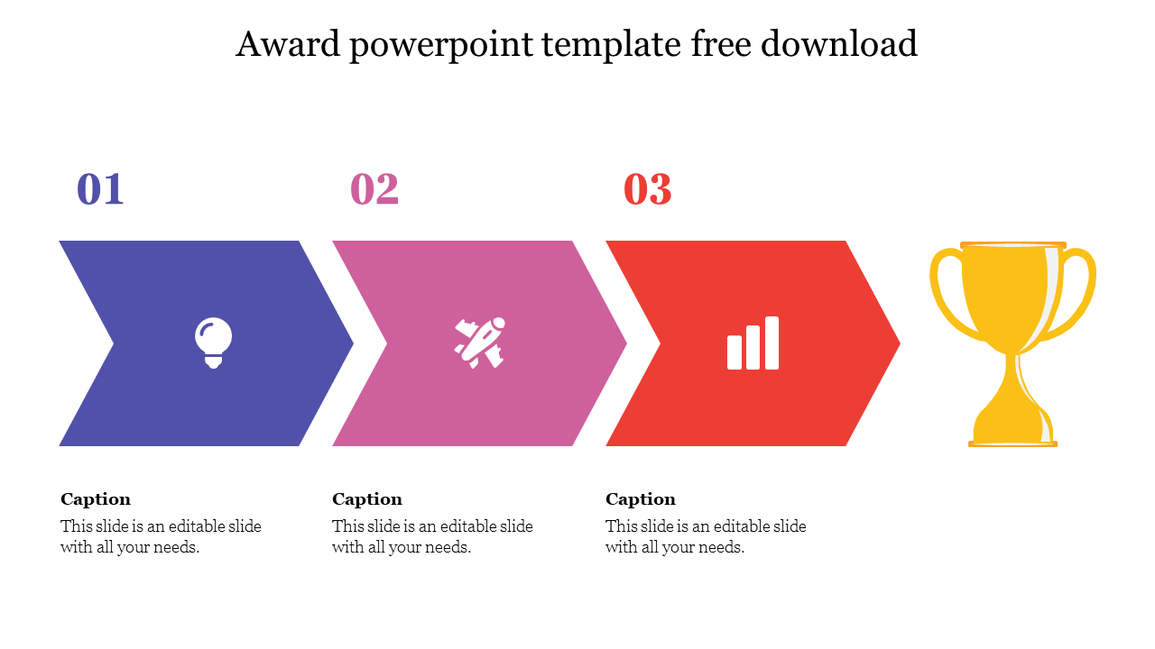  Award slide with three colored hexagons, each containing an icon, and a trophy symbolizing success at the end.