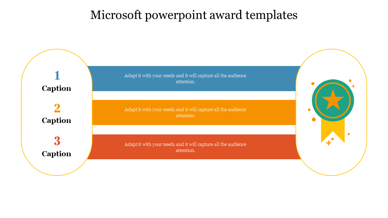 Three numbered captions in blue, yellow, and orange on the left with horizontal bars, and a medal icon on the right.