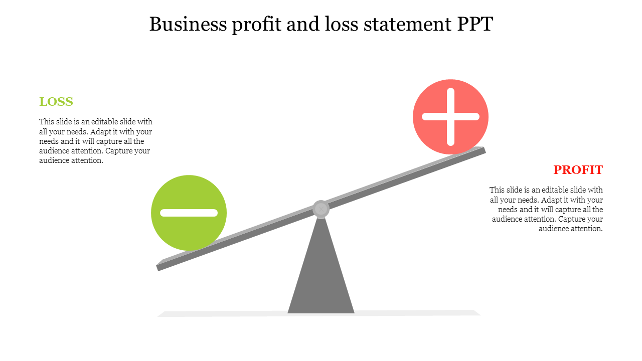 Balance scale with a green minus sign representing loss and a red plus sign representing profit on opposite ends.