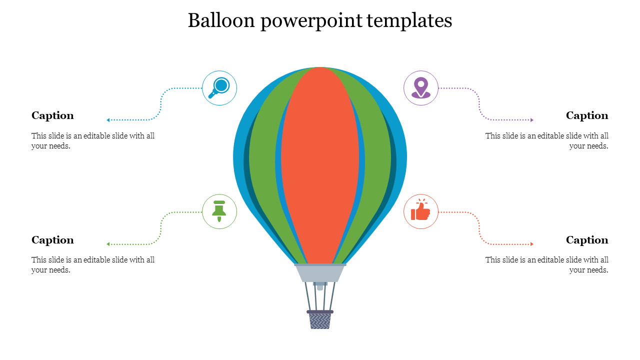 A central hot air balloon in orange, green, and blue with four captions connected by dotted lines to icons.