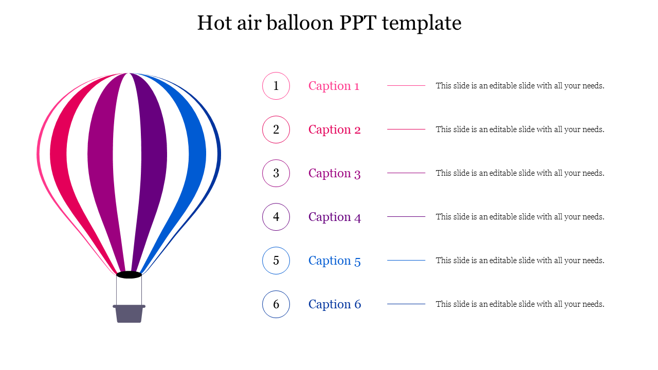 Hot air balloon template with a colorful balloon illustration and six numbered captions for custom information.