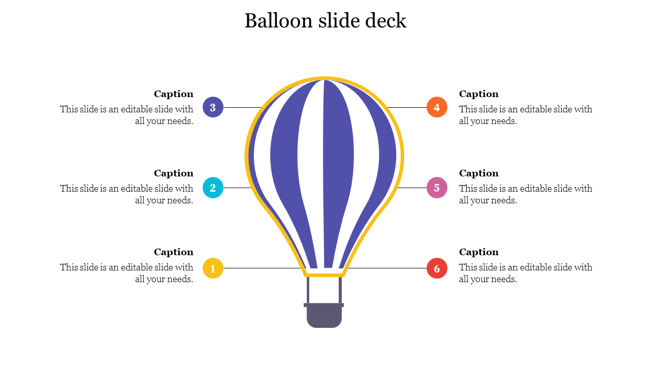 Balloon themed PowerPoint slide deck with six colorful numbered sections for captions.