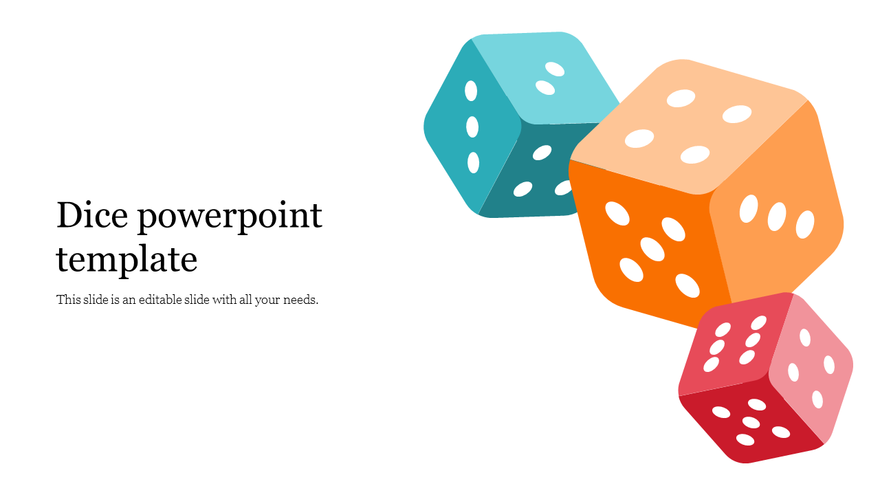 Three dice in teal, orange, and red, floating on the right, with text, on a white background.