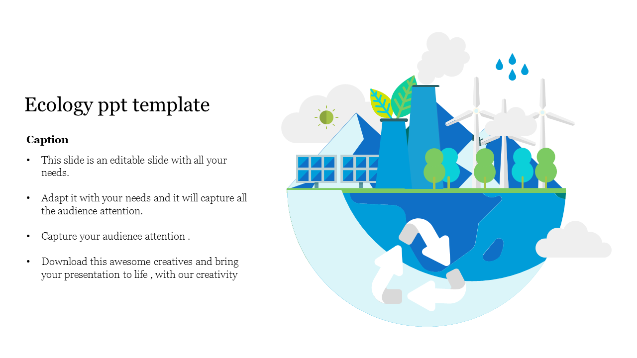 Ecology themed slide featuring wind turbines, solar panels, and industrial elements with an eco friendly design with caption.