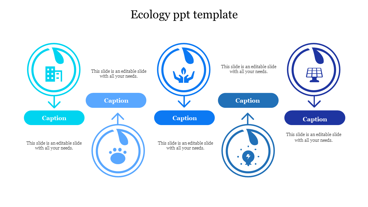 Ecology slide with five blue gradient circular icons and text, forming a connected flowchart on a white background.