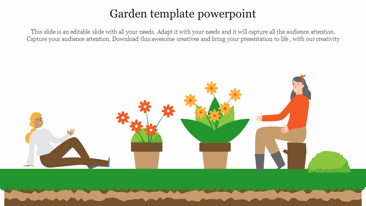 Illustration of two people in a garden with three potted plants, featuring orange and yellow flowers with caption area.