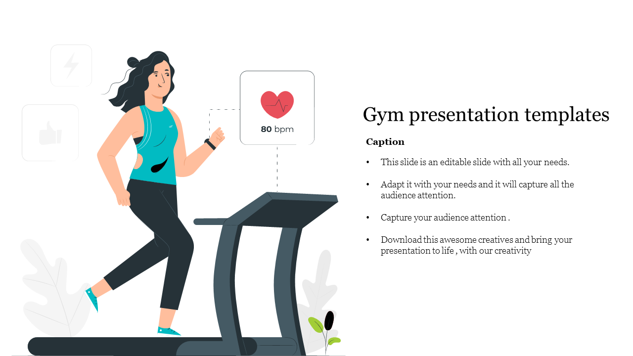 Slide featuring a gym themed illustration of a woman running on a treadmill with a heart rate display and caption text.