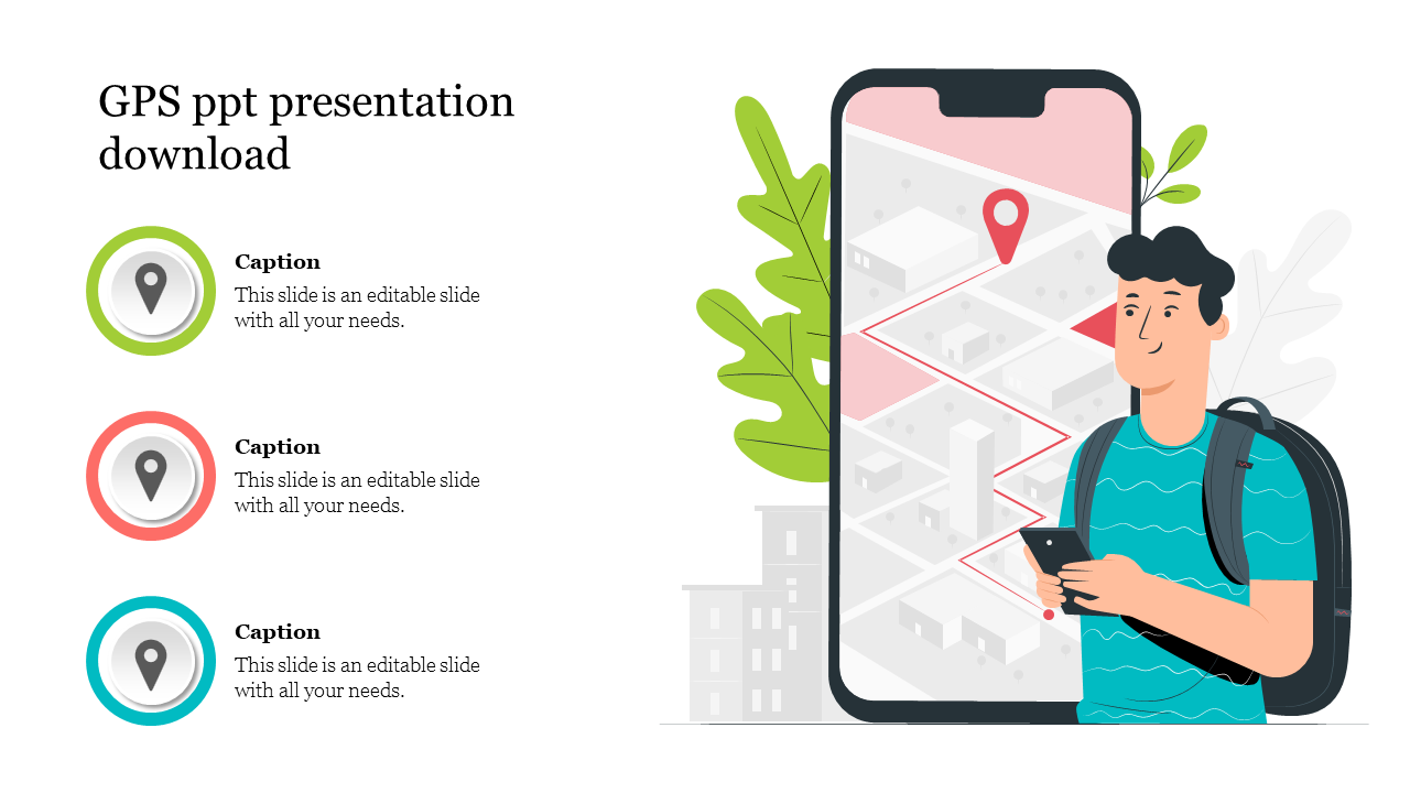 Colorful GPS slide featuring a smartphone with a map and a person using navigation with three captions for placeholder text.