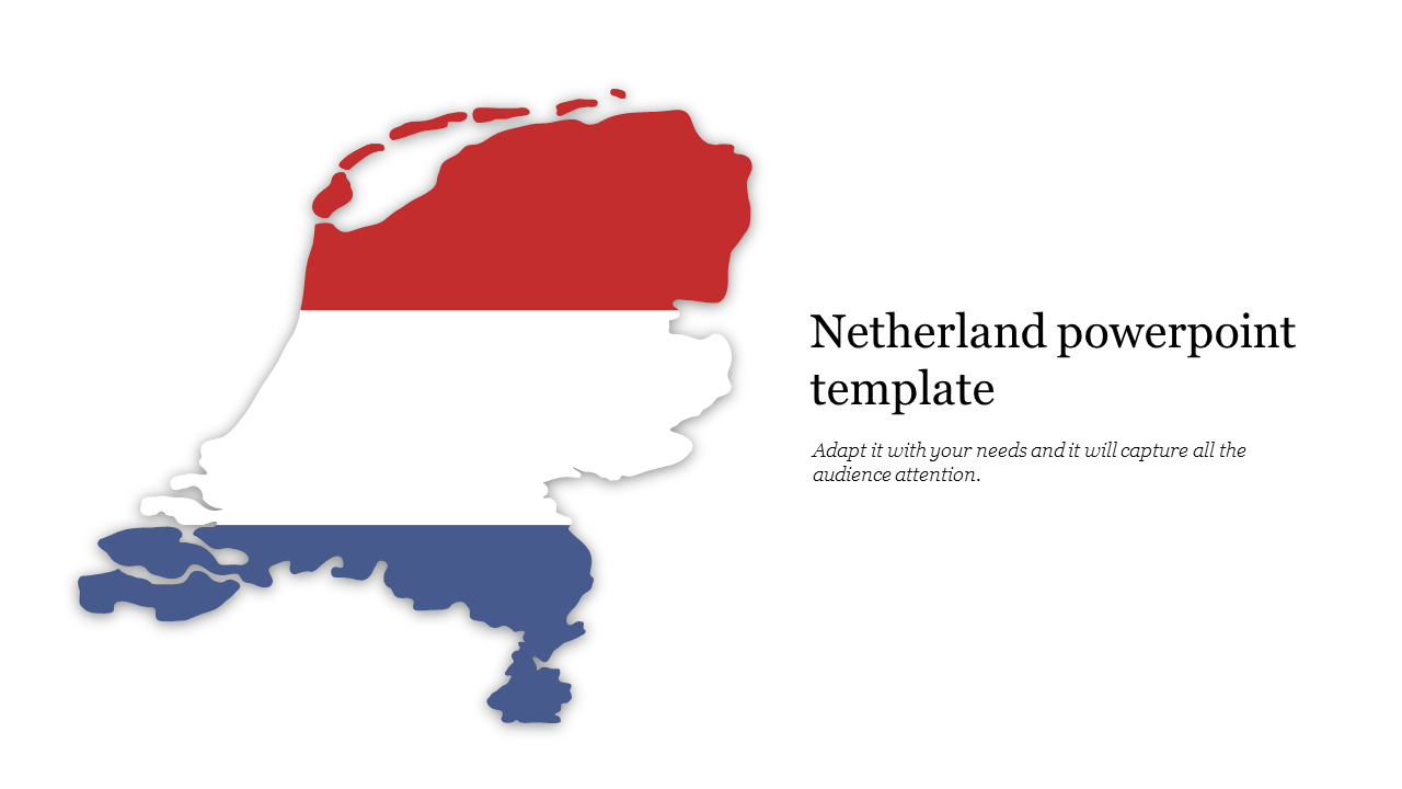 Netherlands slide featuring an outline of the country filled with the national flag colors red, white, and blue.