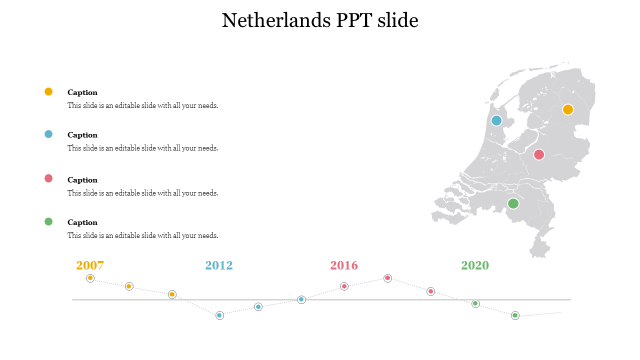 Gray map of the Netherlands with colored dots marking locations and a timeline below showing years from 2007 to 2020.