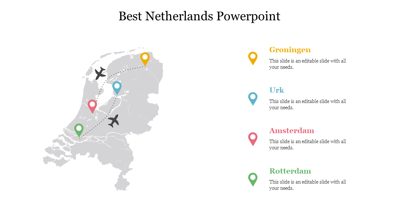 Gray map of the Netherlands with dotted flight paths and four colored markers pointing to various cities.