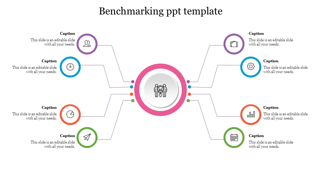 Benchmarking slide with a central icon representing analysis and six surrounding icons connected by lines with captions.