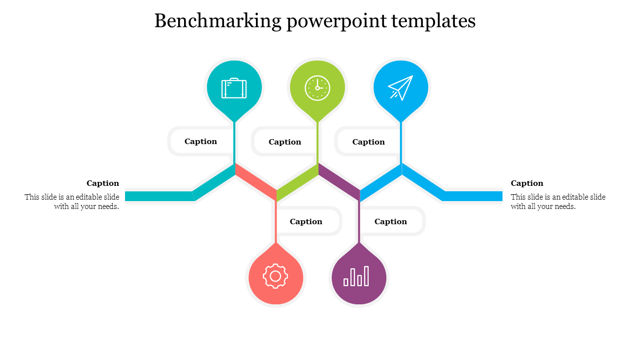 Benchmarking slide featuring colorful icons and sections for captions to detail key metrics.