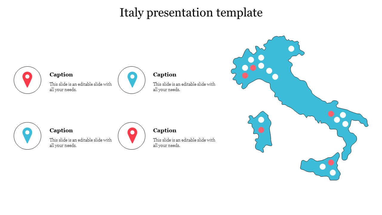 Italy map presentation template with location markers and caption sections for key points.