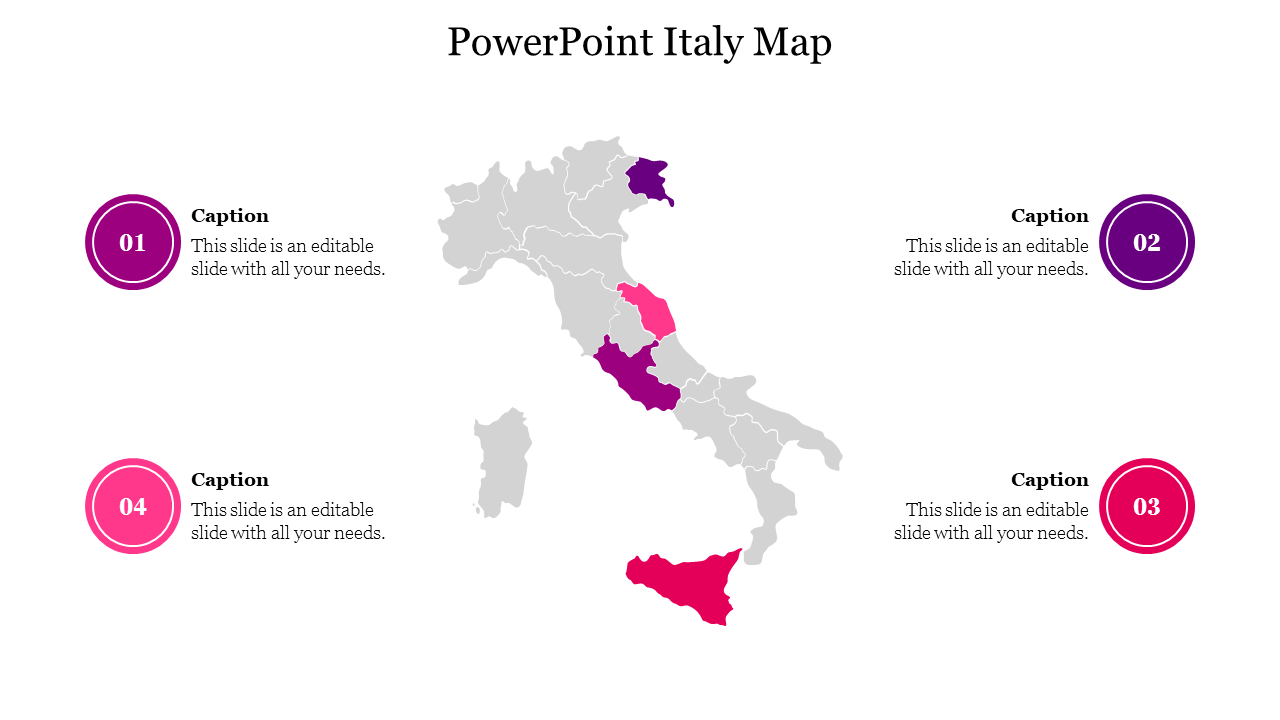 Gray map of Italy with four regions highlighted in pink and purple shades, surrounded by numbered circular icons.