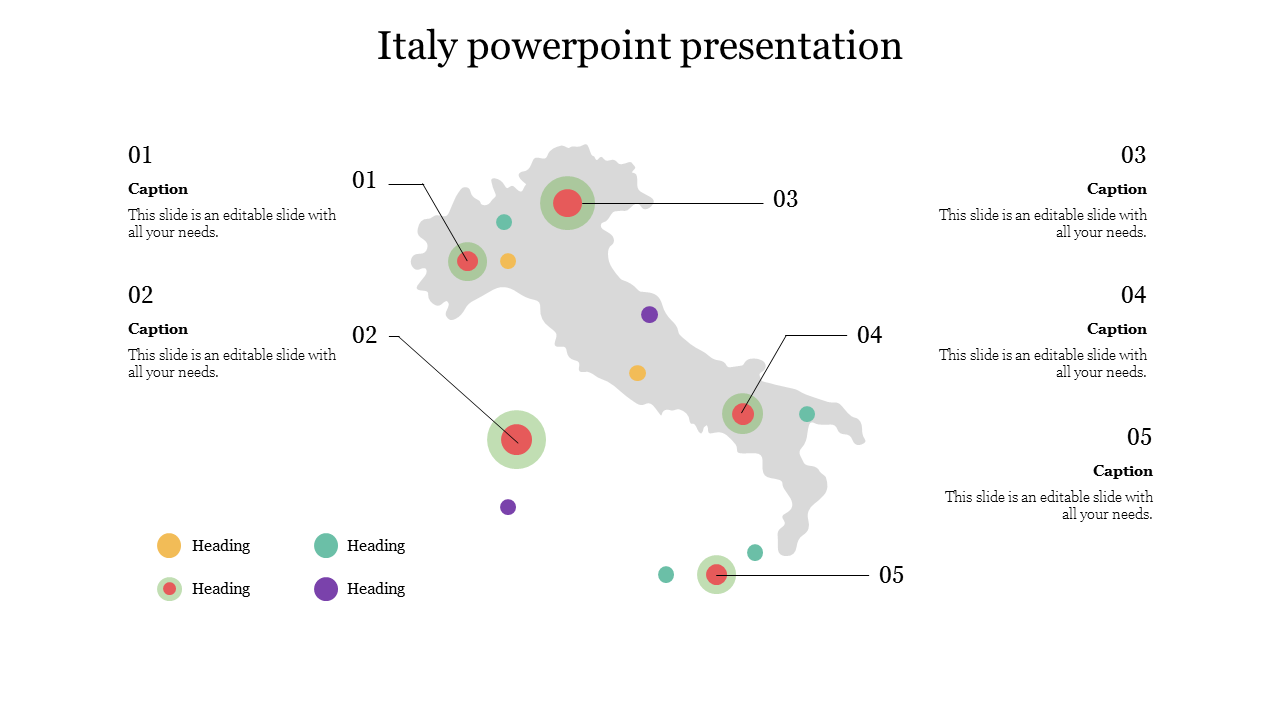 Map of Italy with five labeled markers, each marked with a colored circular icon and corresponding captions.