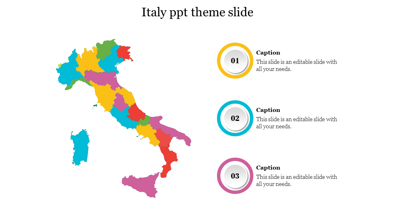 Map of Italy slide in vibrant colors with accompanying captions for content on the right.