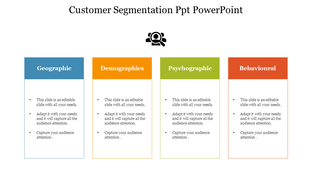 Customer segmentation slide displaying four categories from geographic to behavioral with placeholder text.