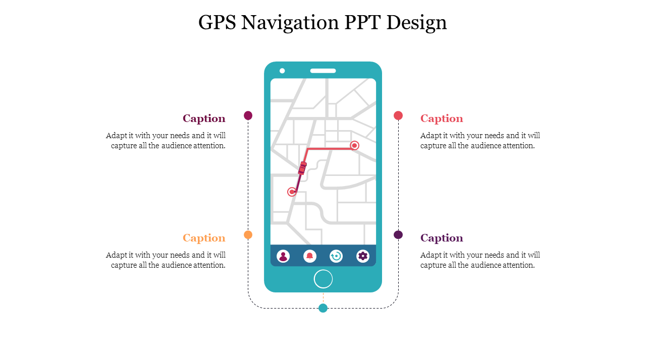 A smartphone illustration with a GPS navigation map and route displayed, surrounded by four colored placeholders text.