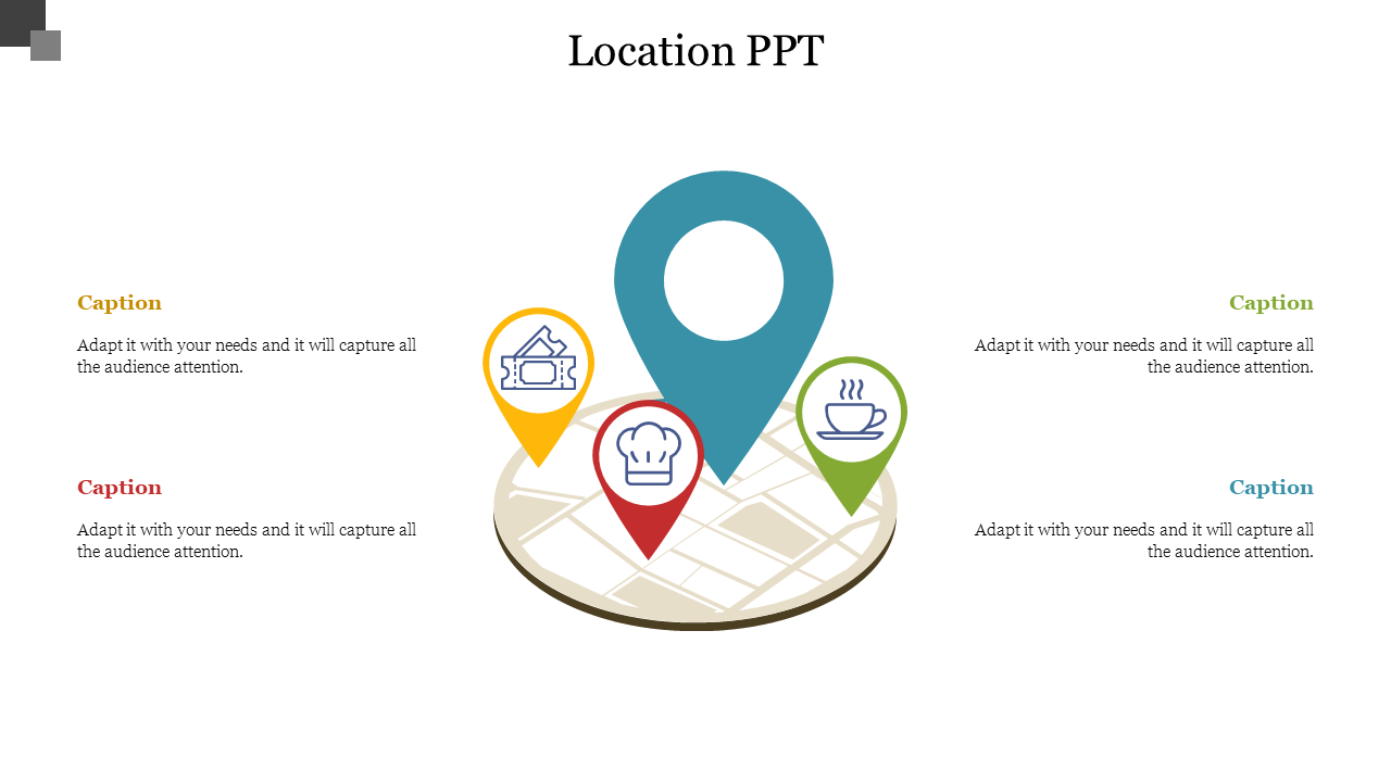 Location map with four color coded pins for categories like dining, coffee, tickets, and a central pin for general location.