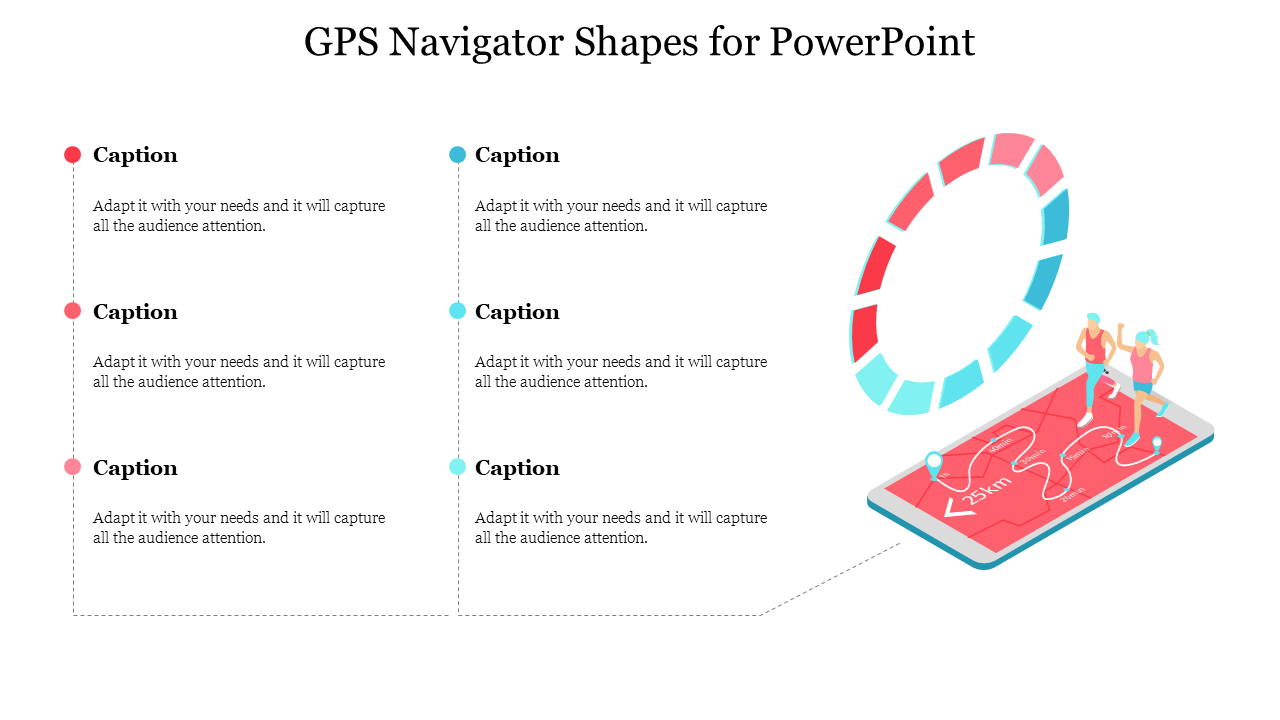 PPT slide featuring GPS navigation shapes, with six caption areas and a mobile map with a running route on a white backdrop.