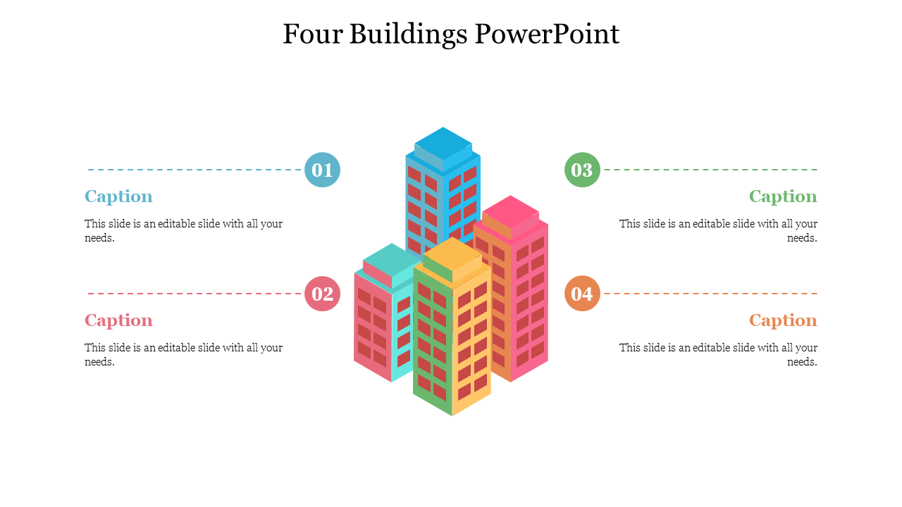 Four building slide with numbered sections 01 to 04 in blue, red, green, and orange, each linked to a caption.