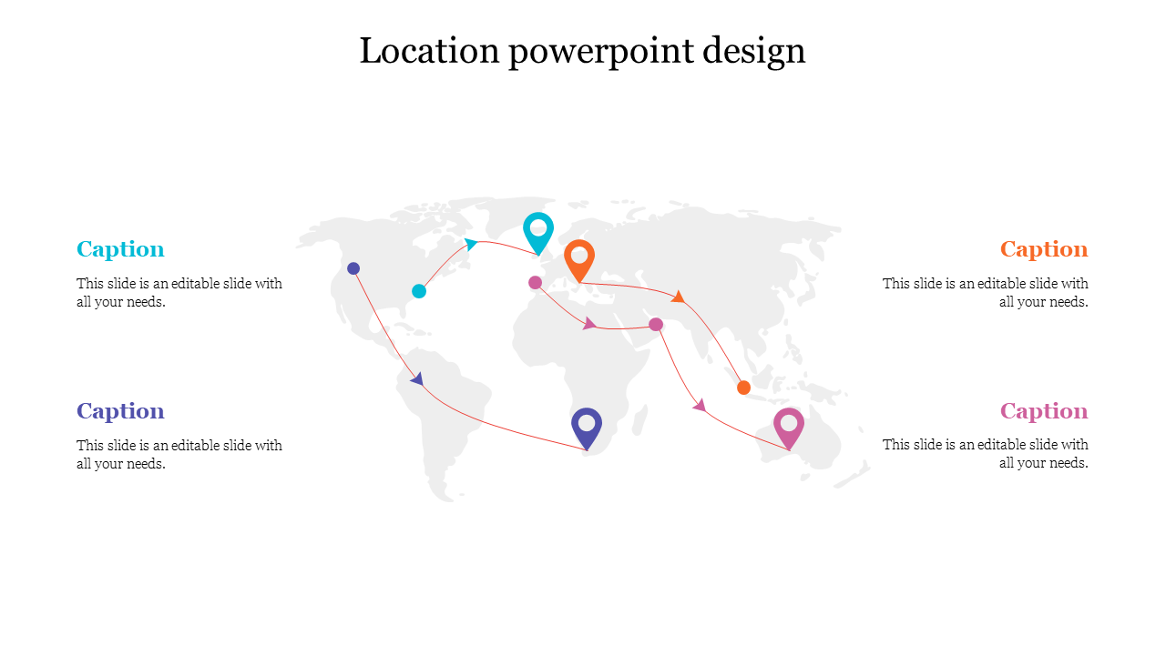 Location PowerPoint Design with world map, colorful location markers, red route lines, editable captions, and a clean minimal