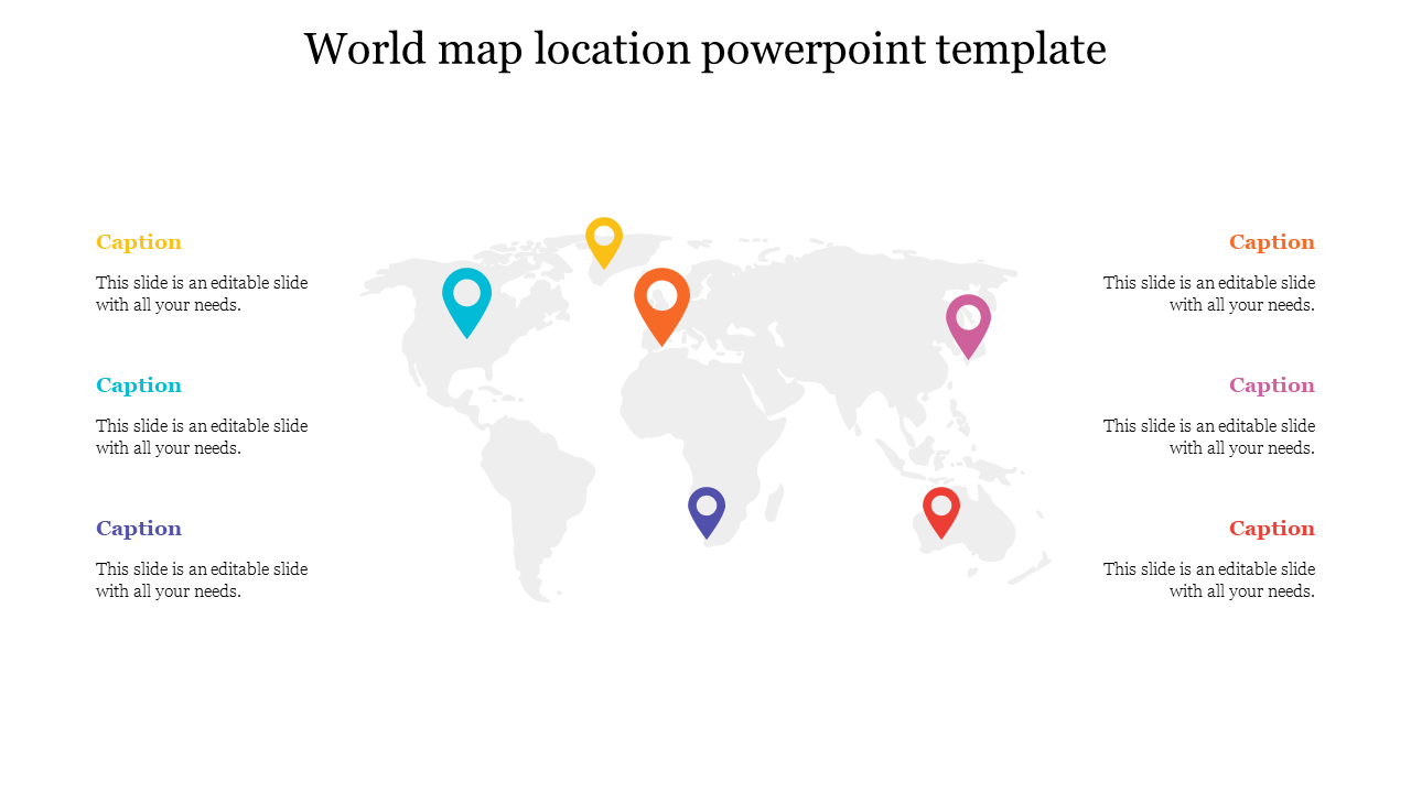 World map with colorful location markers in yellow, orange, red, blue, pink and purple, with captions on both sides