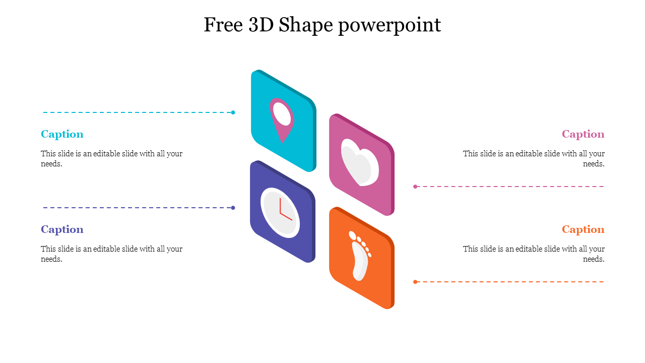 3D shape PowerPoint template with four colorful icons and caption areas on each side.