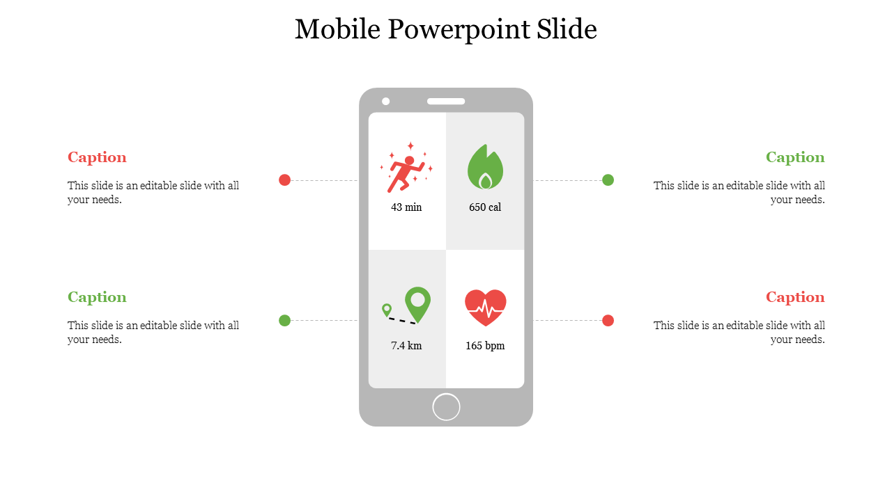 Illustration of a smartphone displaying four fitness metrics, in red and green icon, and captions connected by colored dots.