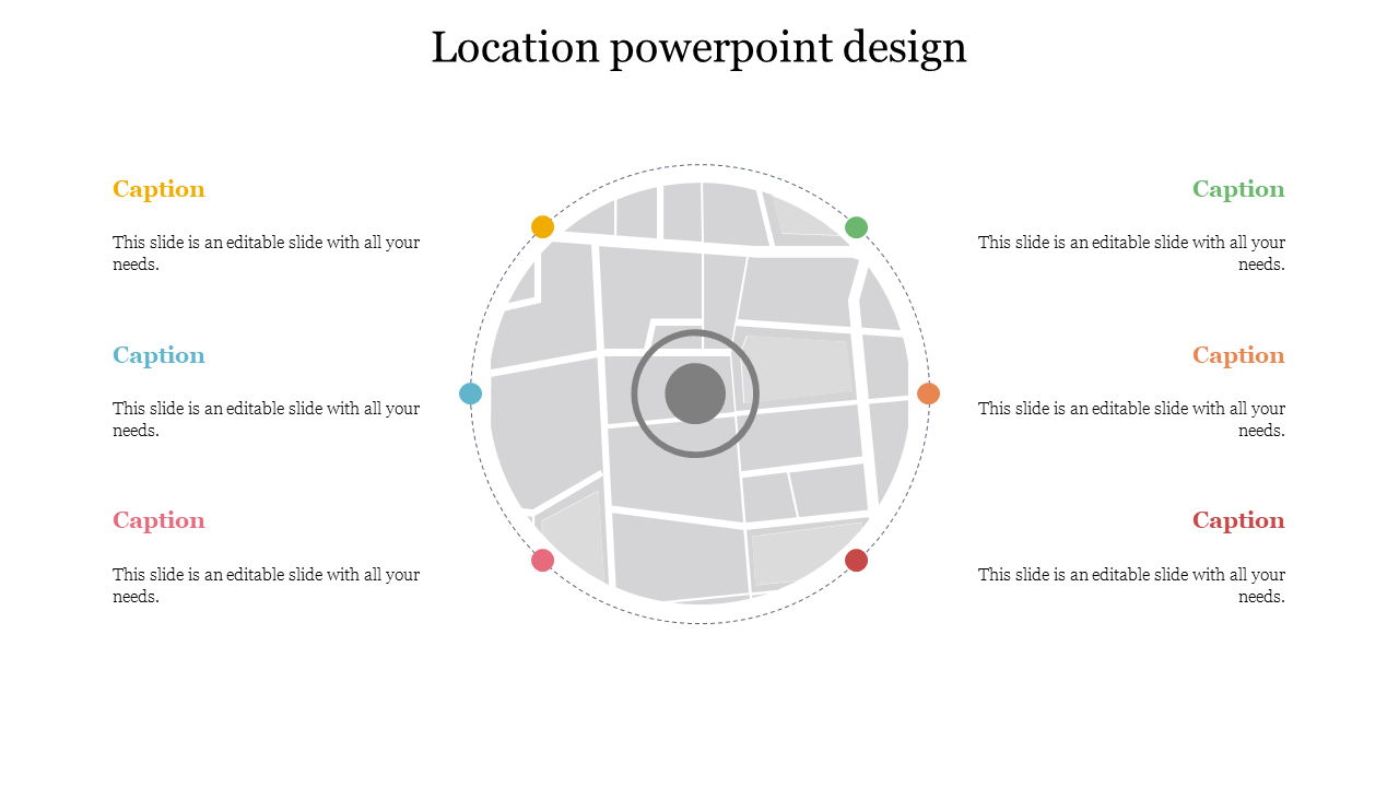 Location PowerPoint design featuring a map with colored markers and caption fields.