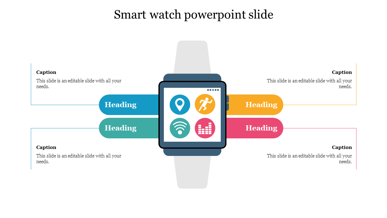 Illustration of a smartwatch with app icons in blue, green, yellow, and pink, with headings extending from both sides.