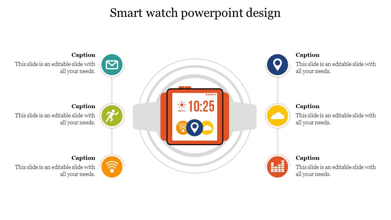 Smartwatch illustration in the center, with six colored icons placed around it in a circle, connected by dotted lines.