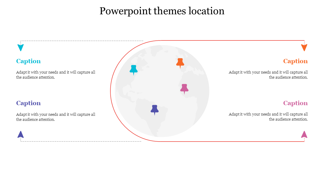 Slide featuring a world map with colored pins in four regions, each associated with a placeholder text areas.