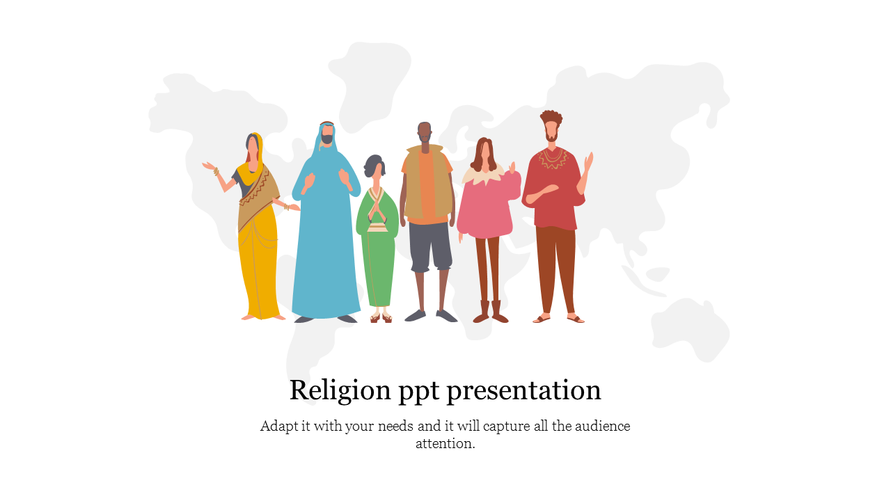 Illustration of six individuals in different cultural and religious clothing, standing against a faded world map background.