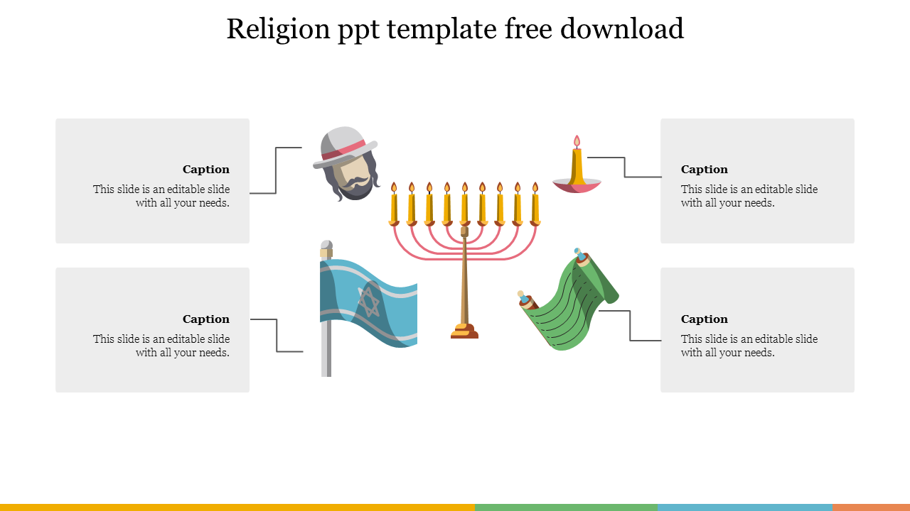 Religion slide with symbols including a menorah, prayer rug, candle religious figure and caption areas.