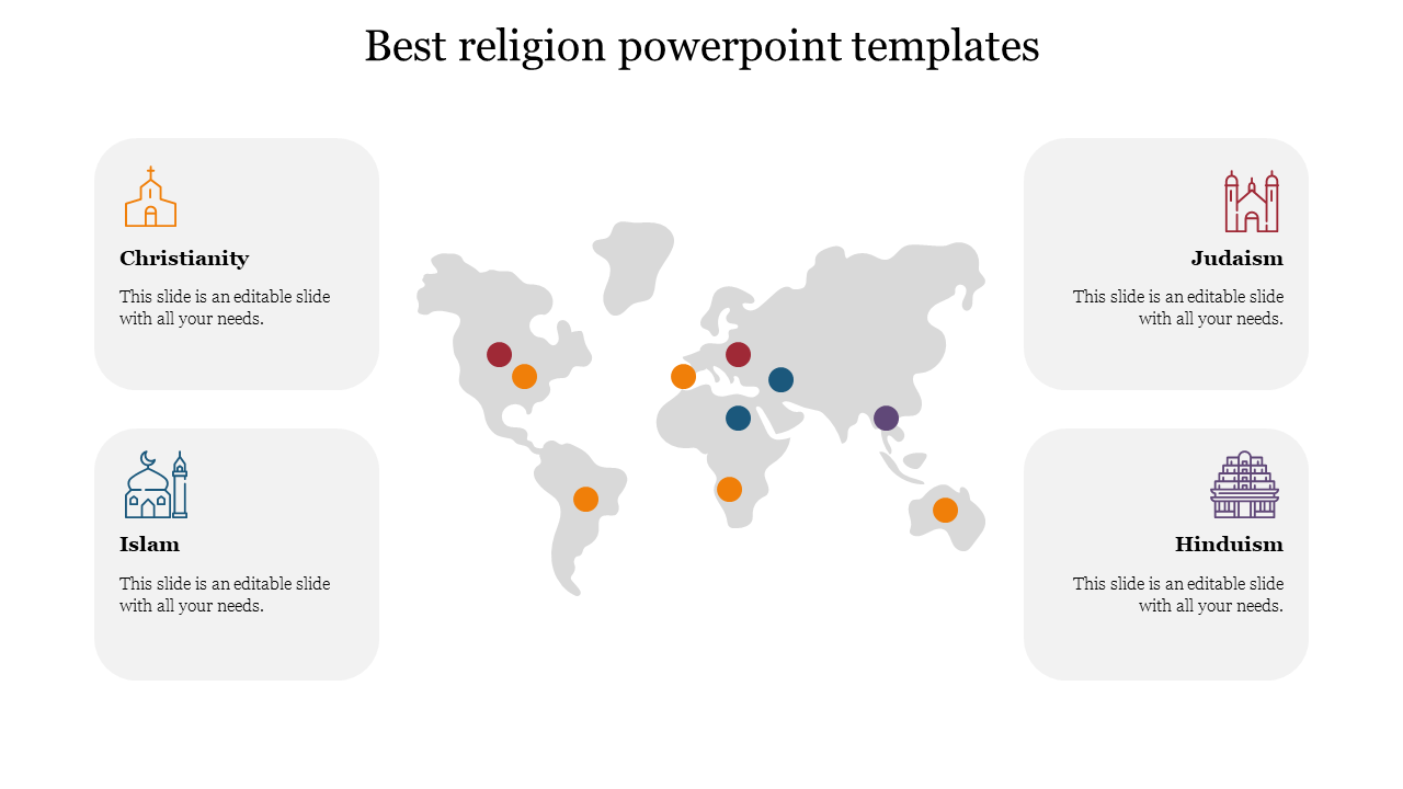 World map with colorful location markers, surrounded by four text boxes with religion icons in red, blue, purple, and orange.