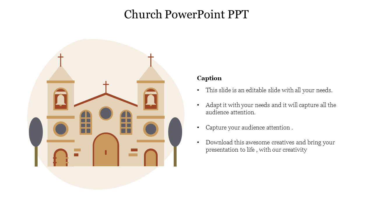 Illustration of a beige and brown church with two bell towers and bullet point text on the right.