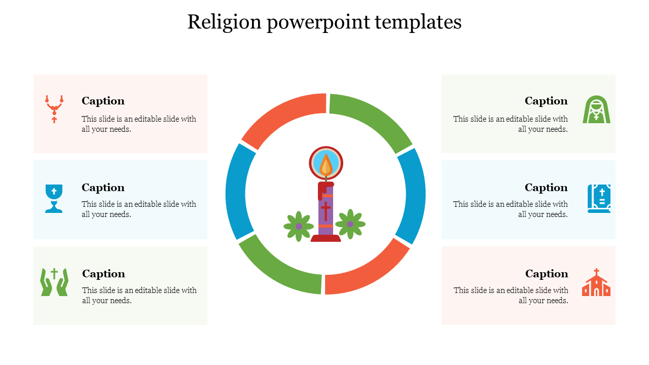 A slide with a central religious candle and six surrounding icons for different religious themes, each in a unique color.