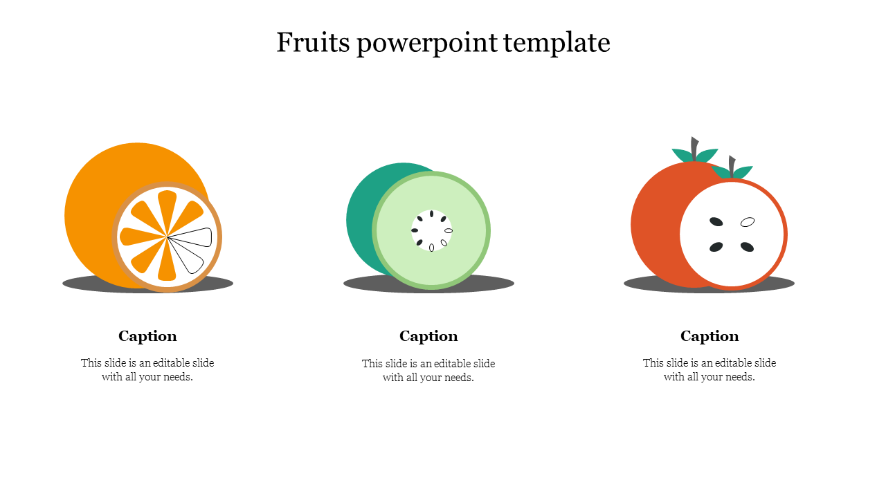 Minimalist fruit template showing orange, kiwi, and tomato icons, each with an caption area below.