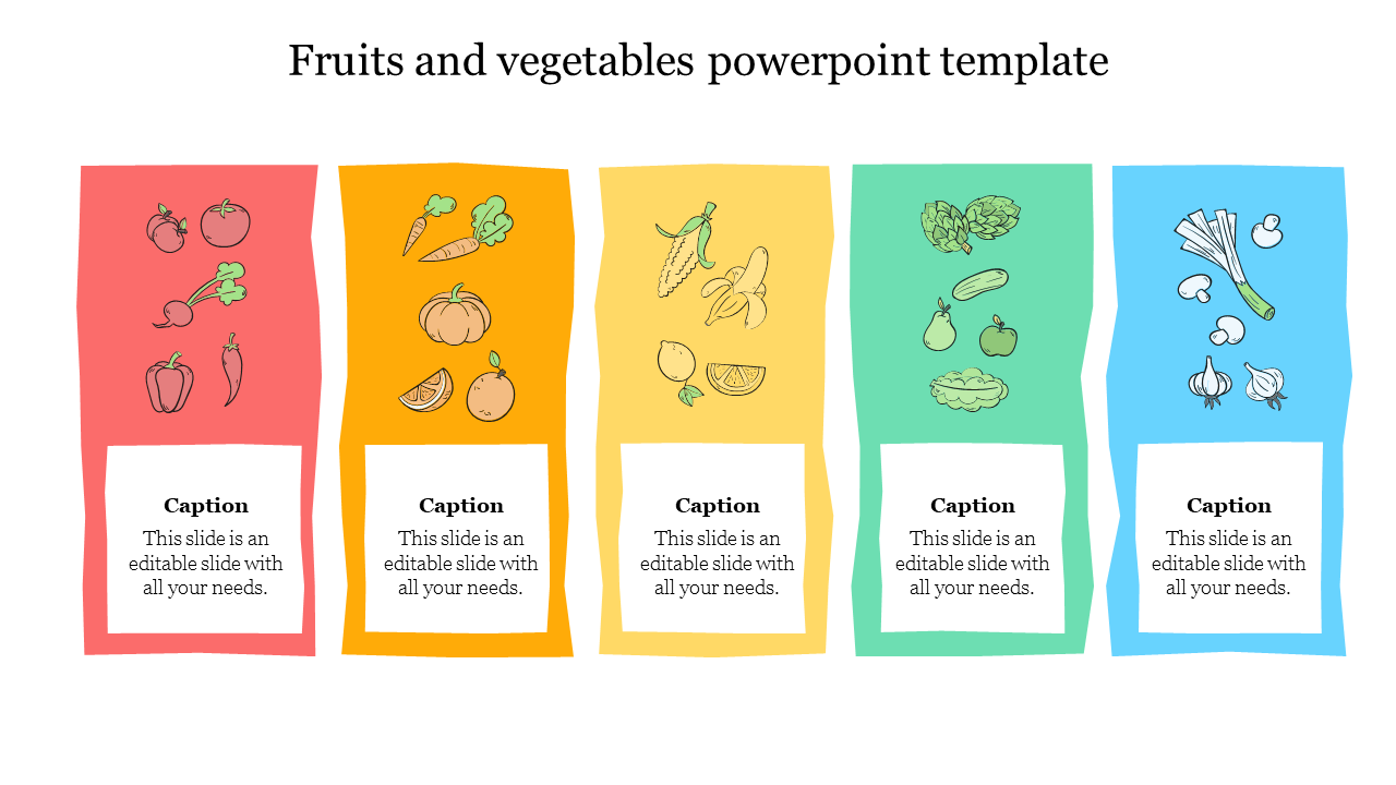 Colorful template showcasing fruits and vegetables, with icons in five vertical sections each placed with caption areas.