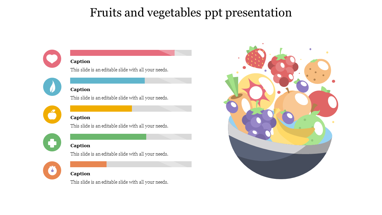 Fruits and vegetables slide featuring a bowl of mixed produce and icons representing health benefits with captions.